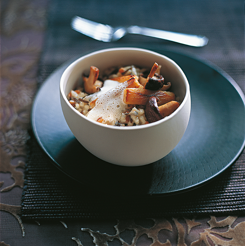 (ver)lichte risotto met shii-take en vanille-hazelnootschuim